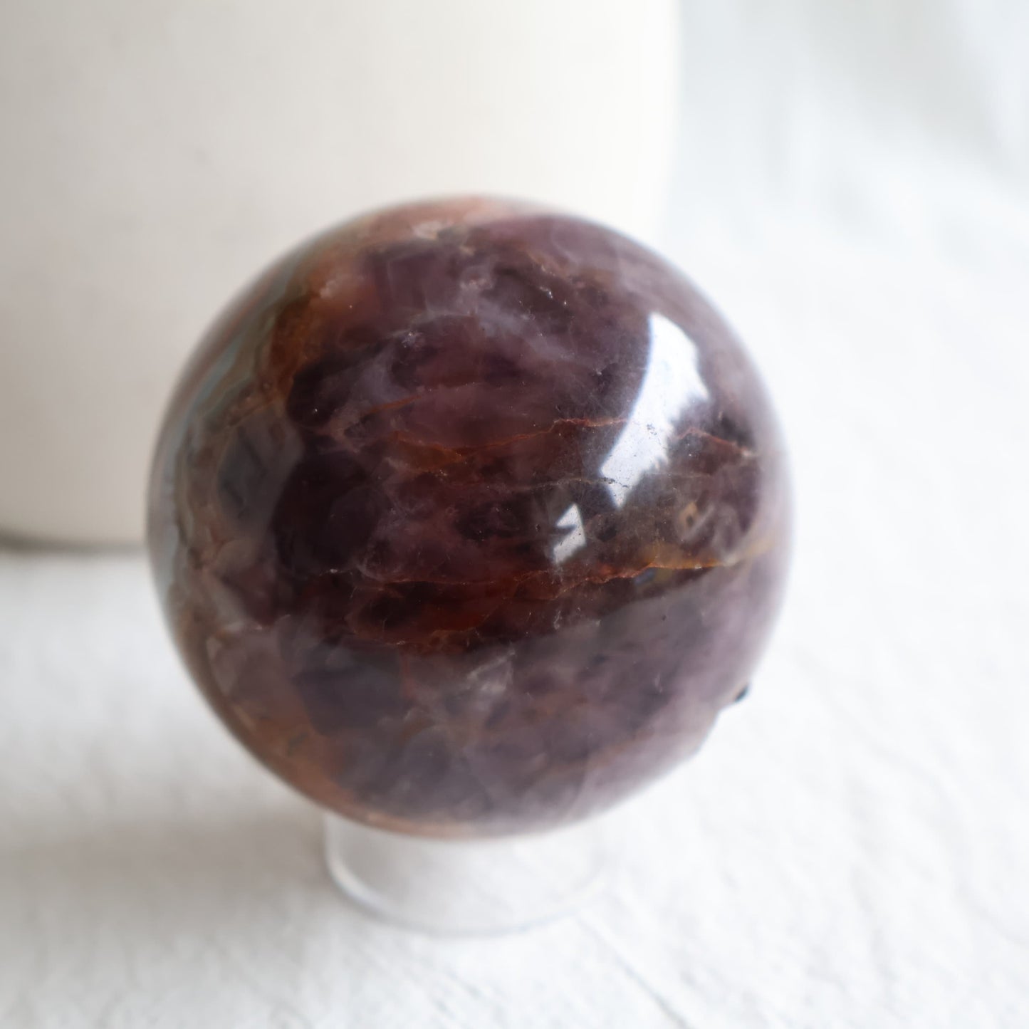 Amethyst Agate sphere with purple Amethyst crystal, sparkling druzy and intricate brown, cream and grey Agate banding.