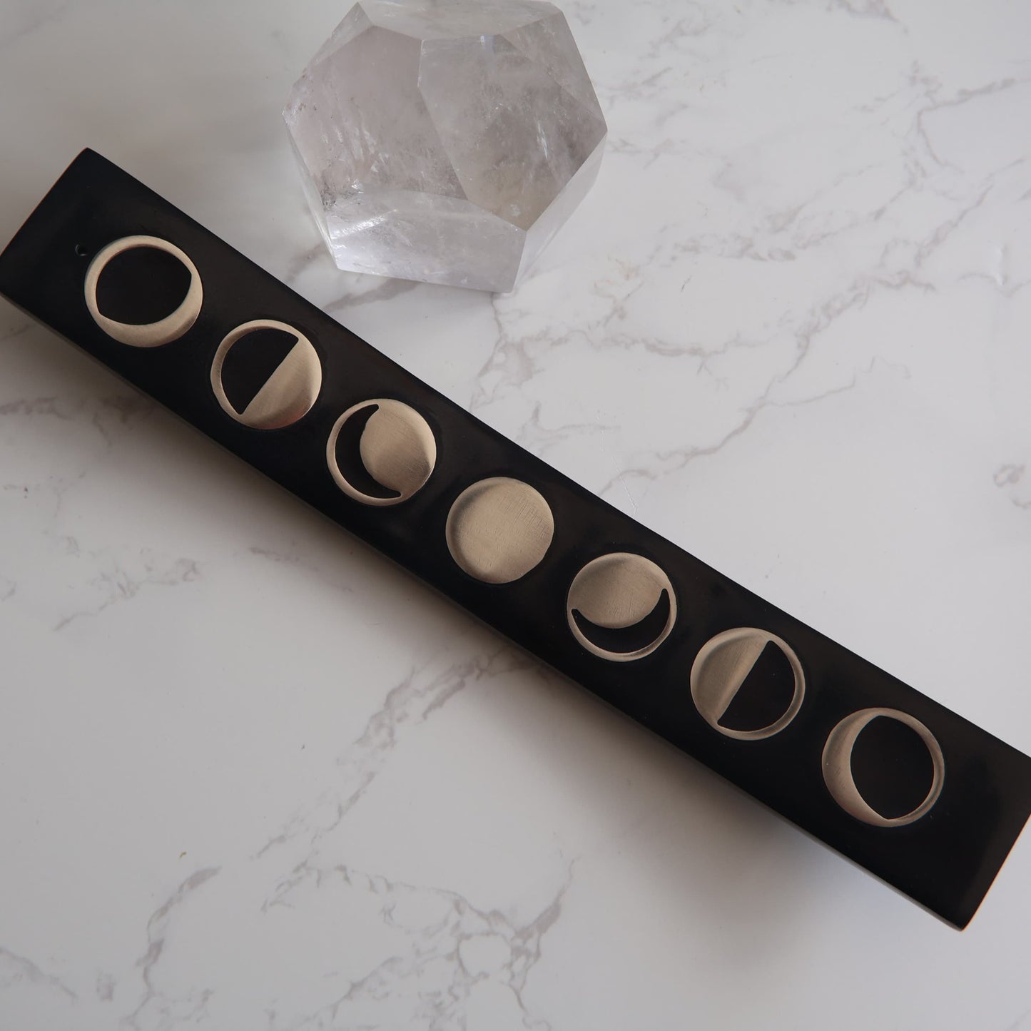 Soapstone incense holder with moon inlay design, long rectangular ash catcher for incense sticks