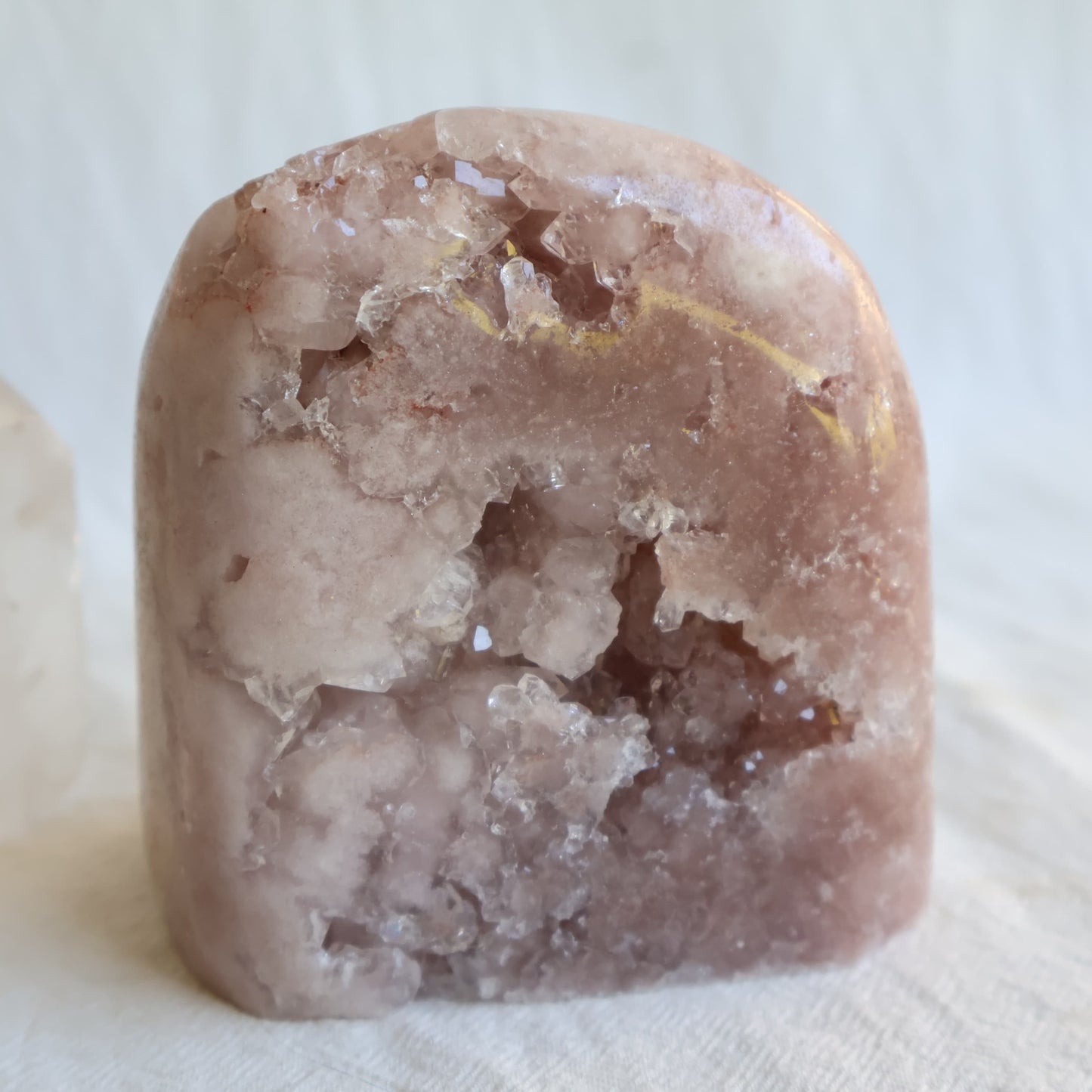 Pink Amethyst crystal freeform with multiple sparkling druzy clusters, polished blush pink quartz and natural crystal cavities.