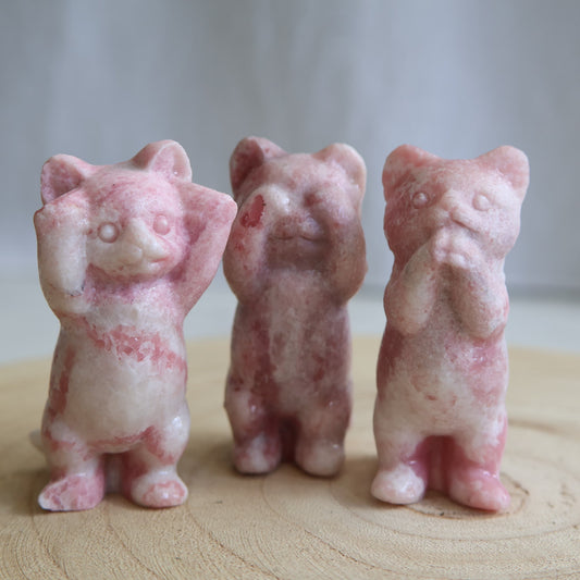 Pink Opal three wise cats carvings see no evil hear no evil speak no evil small crystal set