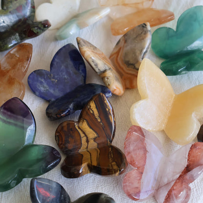 Crystal butterfly carvings available in Sodalite, Fire Quartz, Dream Amethyst, Red Jasper, Dragon Bloodstone, Tiger's Eye, Golden Healer, Fluorite, Yellow Calcite and Crazy Lace Agate.