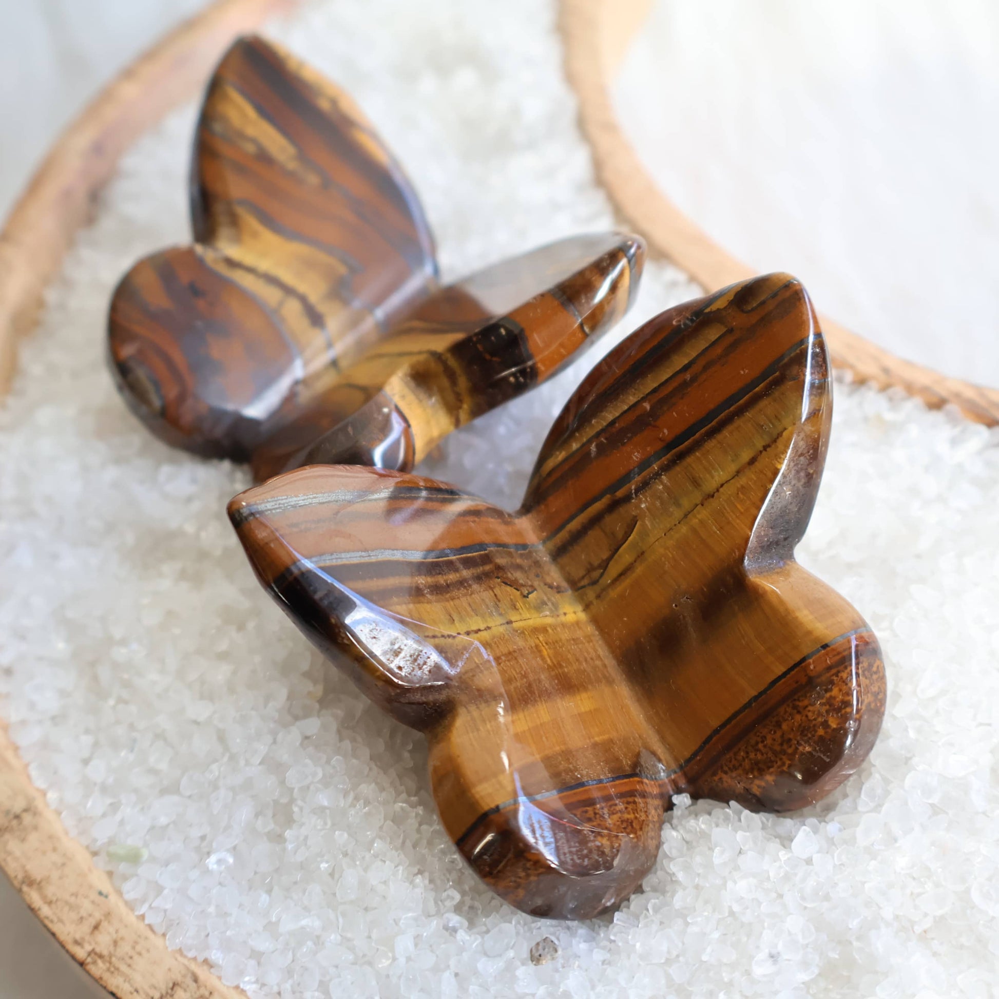 Crystal butterfly carvings available in Sodalite, Fire Quartz, Dream Amethyst, Red Jasper, Dragon Bloodstone, Tiger's Eye, Golden Healer, Fluorite, Yellow Calcite and Crazy Lace Agate.