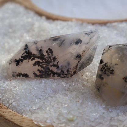 dendritic agate freeform with dark branch like inclusions in translucent stone