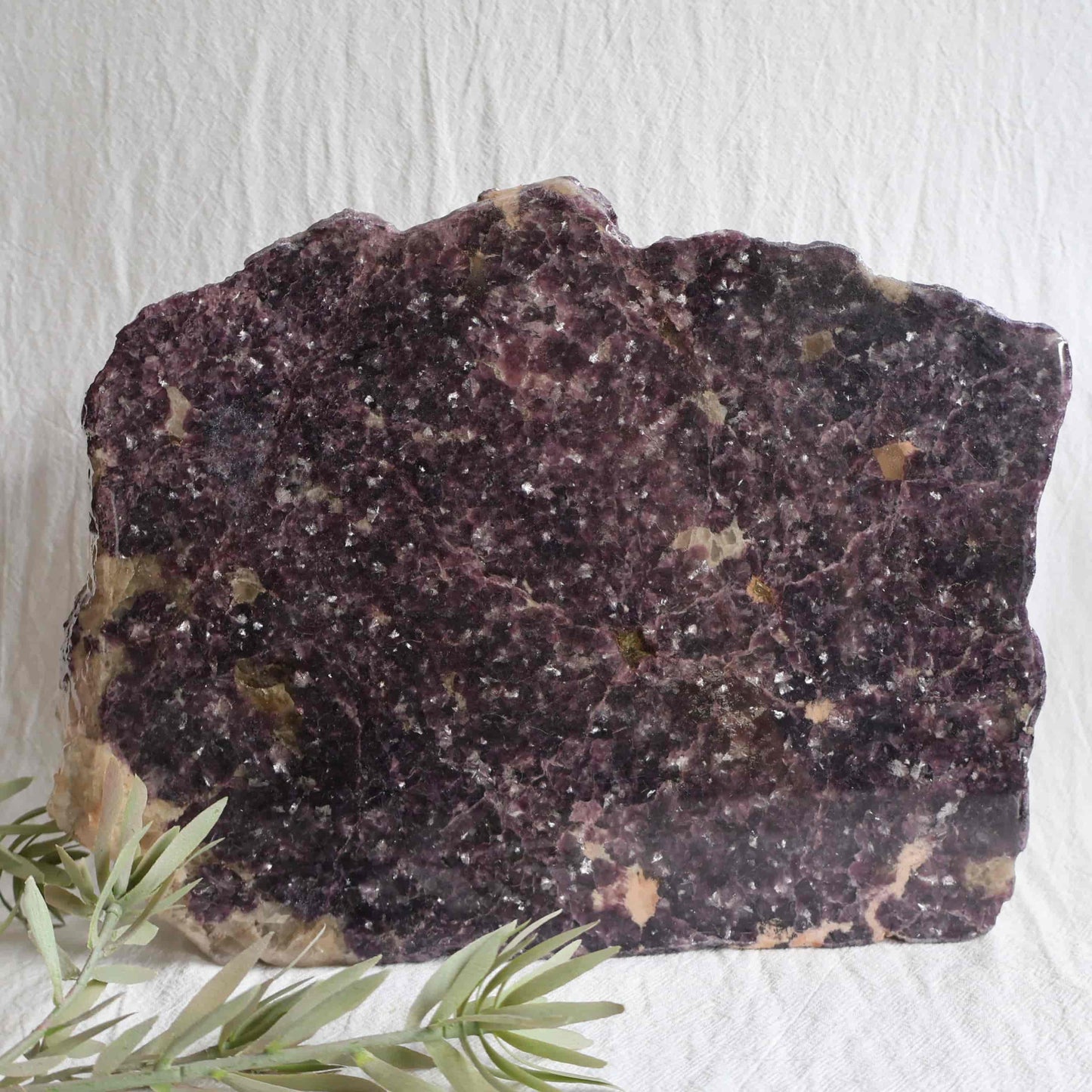 XXXL Lepidolite freestanding slab with deep plum and mauve colouring, sparkling mica detail and polished acrylic-coated face, weighing 5.09kg