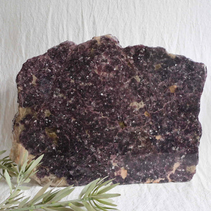 XXXL Lepidolite freestanding slab with deep plum and mauve colouring, sparkling mica detail and polished acrylic-coated face, weighing 5.09kg