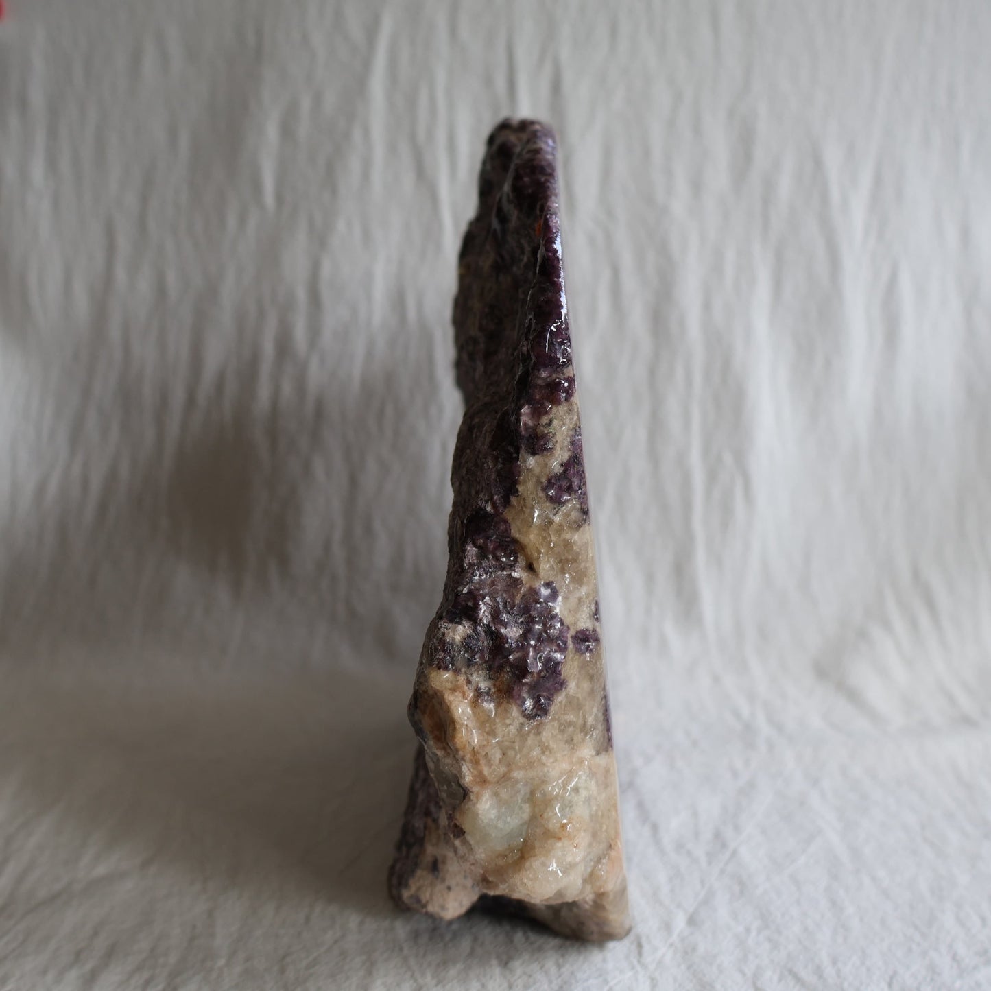 XXXL Lepidolite freestanding slab with deep plum and mauve colouring, sparkling mica detail and polished acrylic-coated face, weighing 5.09kg