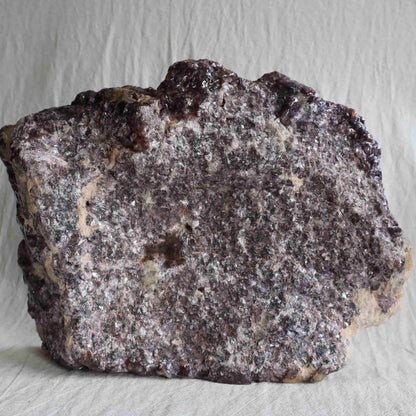 XXXL Lepidolite freestanding slab with deep plum and mauve colouring, sparkling mica detail and polished acrylic-coated face, weighing 5.09kg