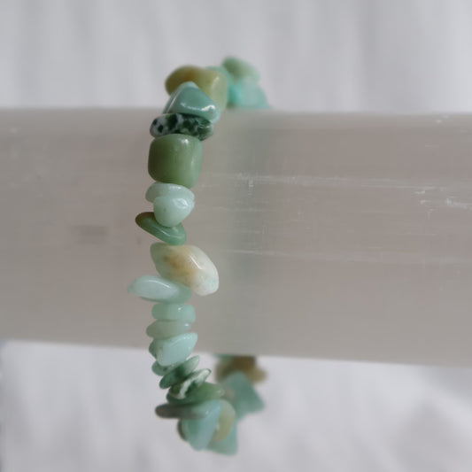 Natural Amazonite chip crystal bracelet with blue-green and turquoise stone chips on a stretch band.