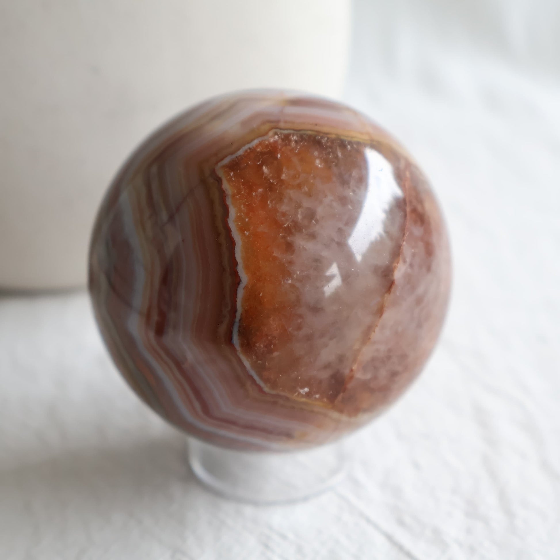 Amethyst Agate sphere with purple Amethyst crystal, sparkling druzy and intricate brown, cream and grey Agate banding.