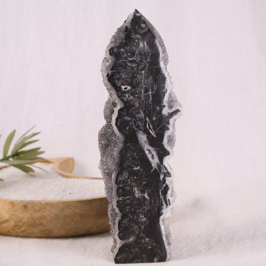 beautiful black sphalerite tower with druzy natural crystal