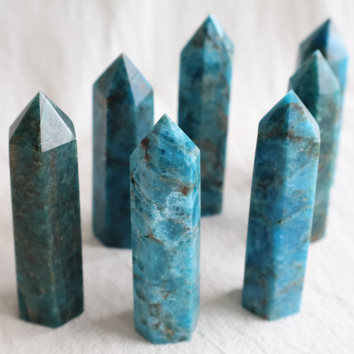 Large polished Blue Apatite crystal generator measuring approximately 7.5–9.5cm tall, intuitively chosen.