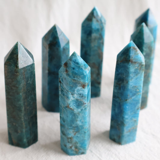 Large polished Blue Apatite crystal generator measuring approximately 7.5–9.5cm tall, intuitively chosen.