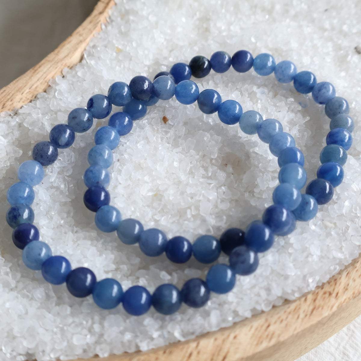 Blue Aventurine 6mm crystal bead bracelets with natural variations in soft and deeper blue tones.