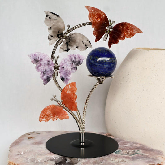 tall sphere stand featuring 4 natural crystal butterflies