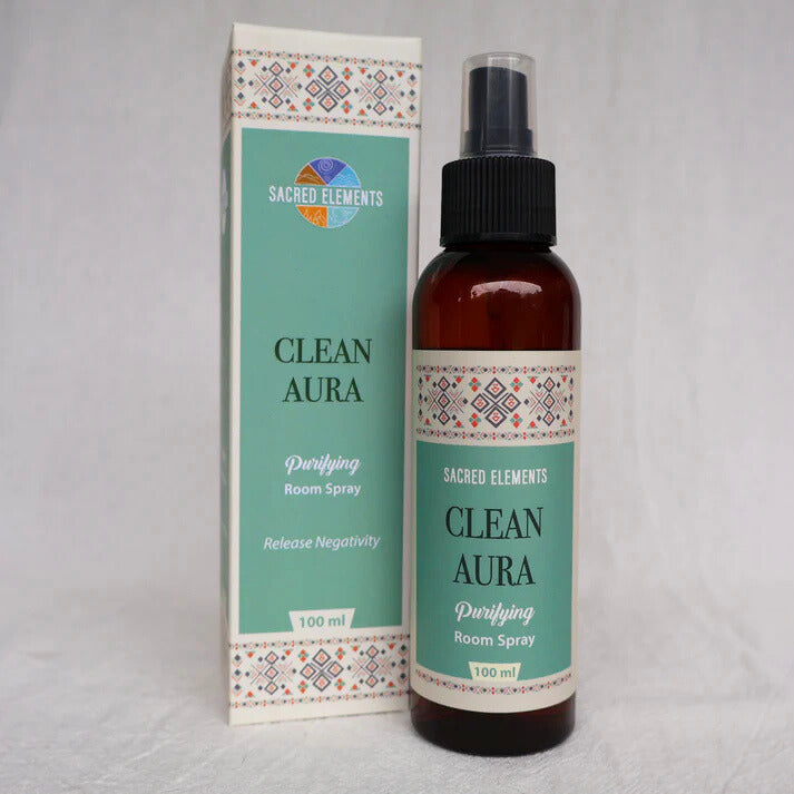 Clean Aura room spray bottle and packaging on a gray background
