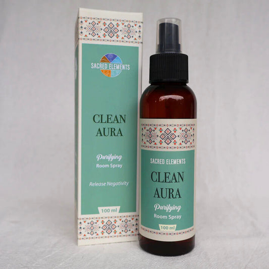 Clean Aura room spray bottle and packaging on a gray background