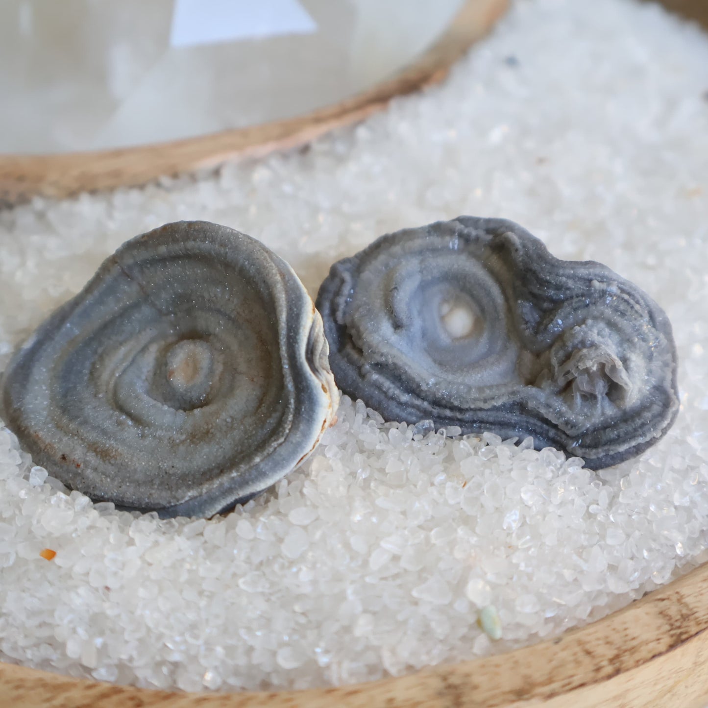 Grey Chalcedony rose formations with natural druzy crystal centres and soft layered patterns