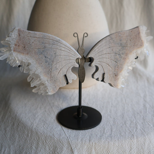clear quartz butterfly with natural clusters on stand