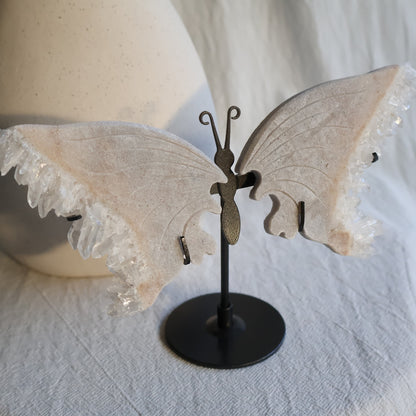 clear quartz butterfly with natural clusters on stand