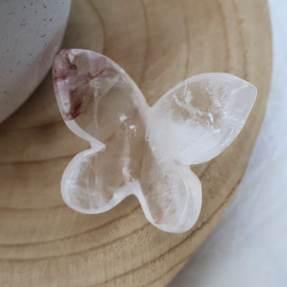 natural clear quartz butterfly carving with fire quartz inclusion crystal