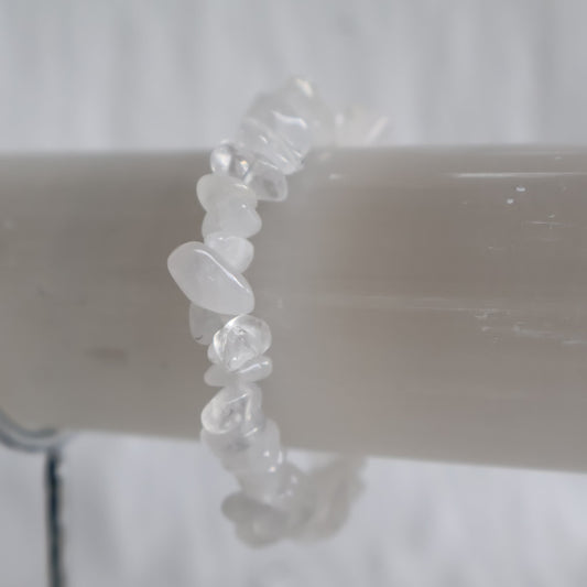 Natural Clear Quartz chip bracelet with transparent to milky white crystal chips and unique natural inclusions.