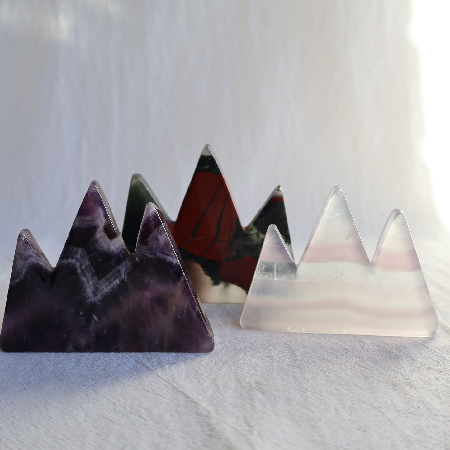 Crystal mountain carving available in Dream Amethyst, African Bloodstone and Fluorite