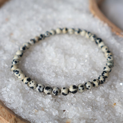 Dalmatian Jasper 4mm bead stretch bracelet with a natural cream base and distinctive black and brown spotted markings.