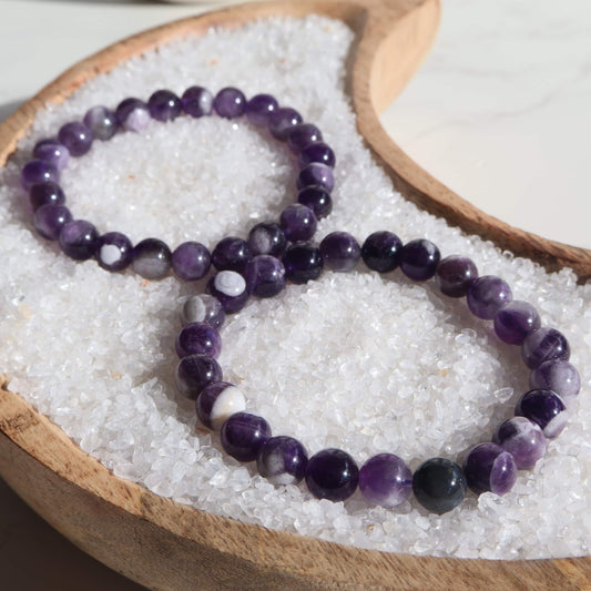 dream amethyst 8mm bracelet purple white banded chevron amethyst bead bracelet elasticised