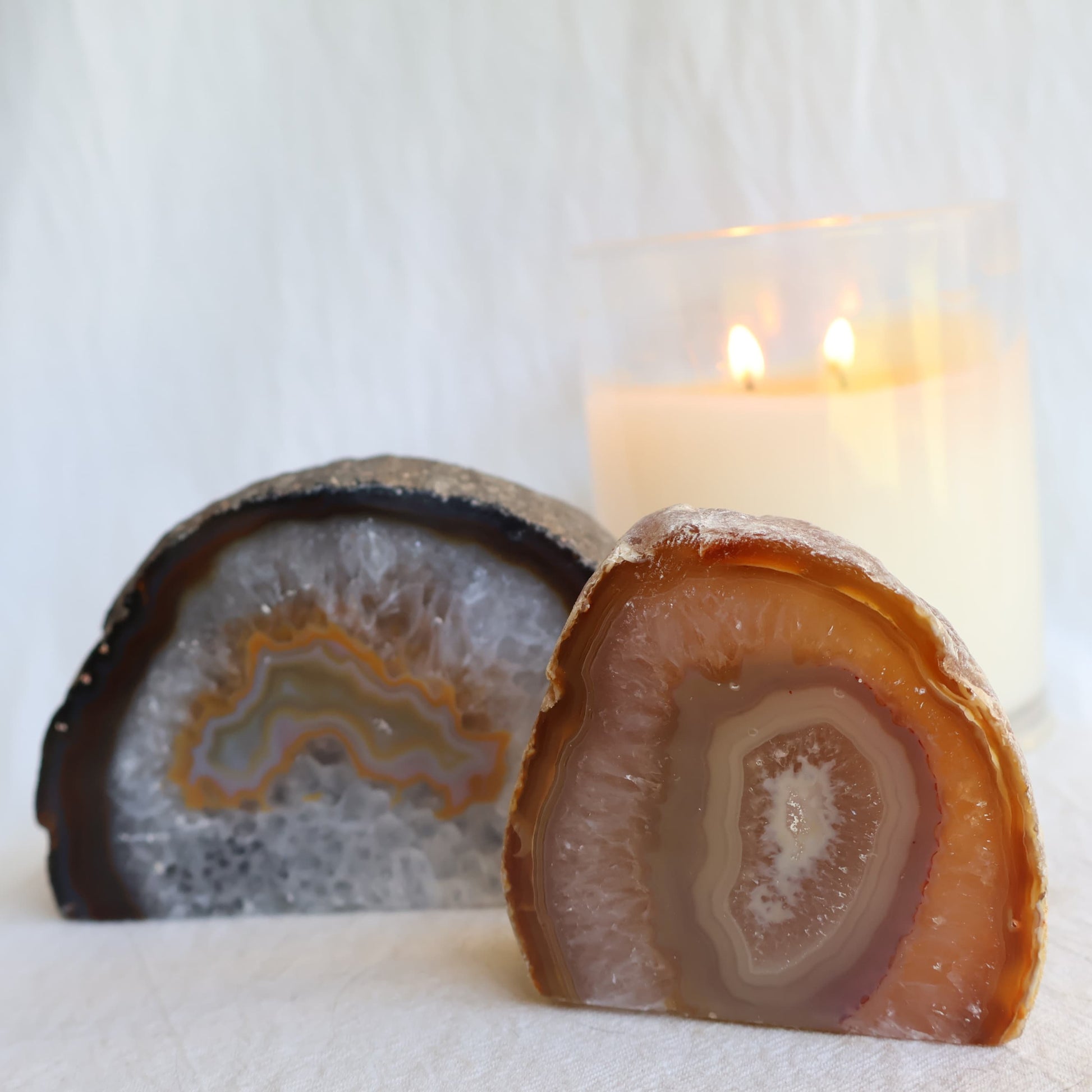 Druzy Agate geodes with sparkling crystal centres and natural earthy banding