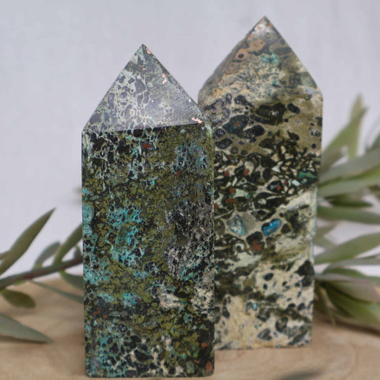 epidote obelisk tower with copper and Chrysocolla inclusions