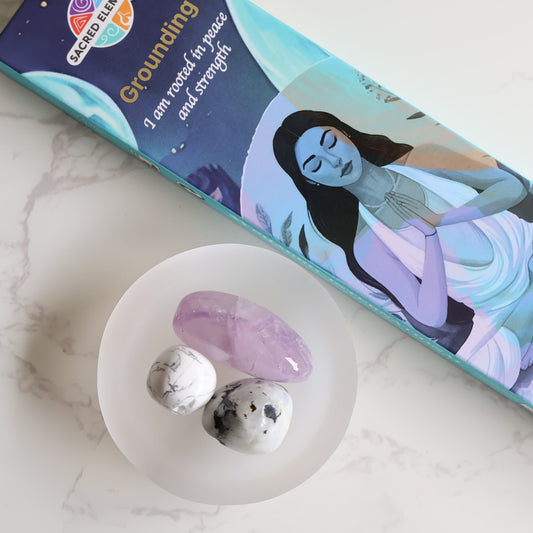 Evening calm ritual set with satin spar bowl amethyst howlite tumbles and grounding incense in Stonewild drawstring bag