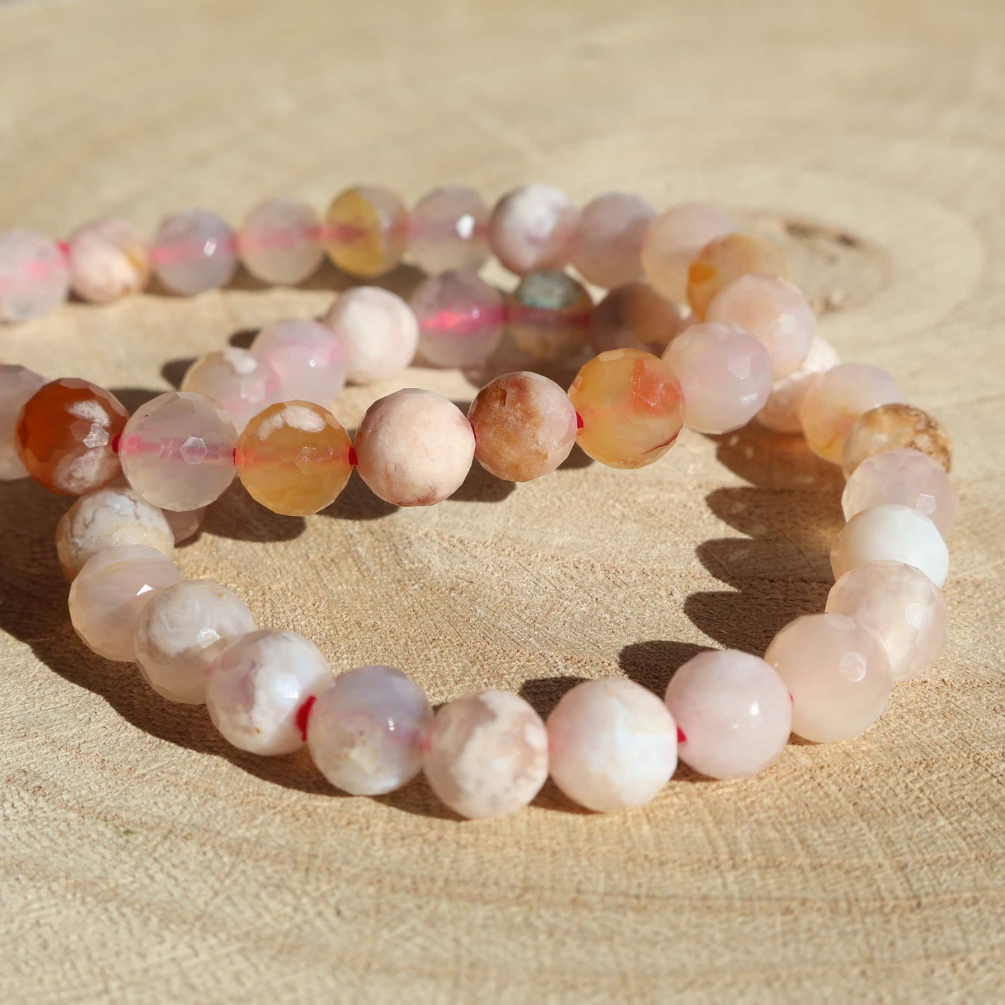 flower agate 8mm faceted bead bracelet pink crystal with floral inclusions stretch bracelet