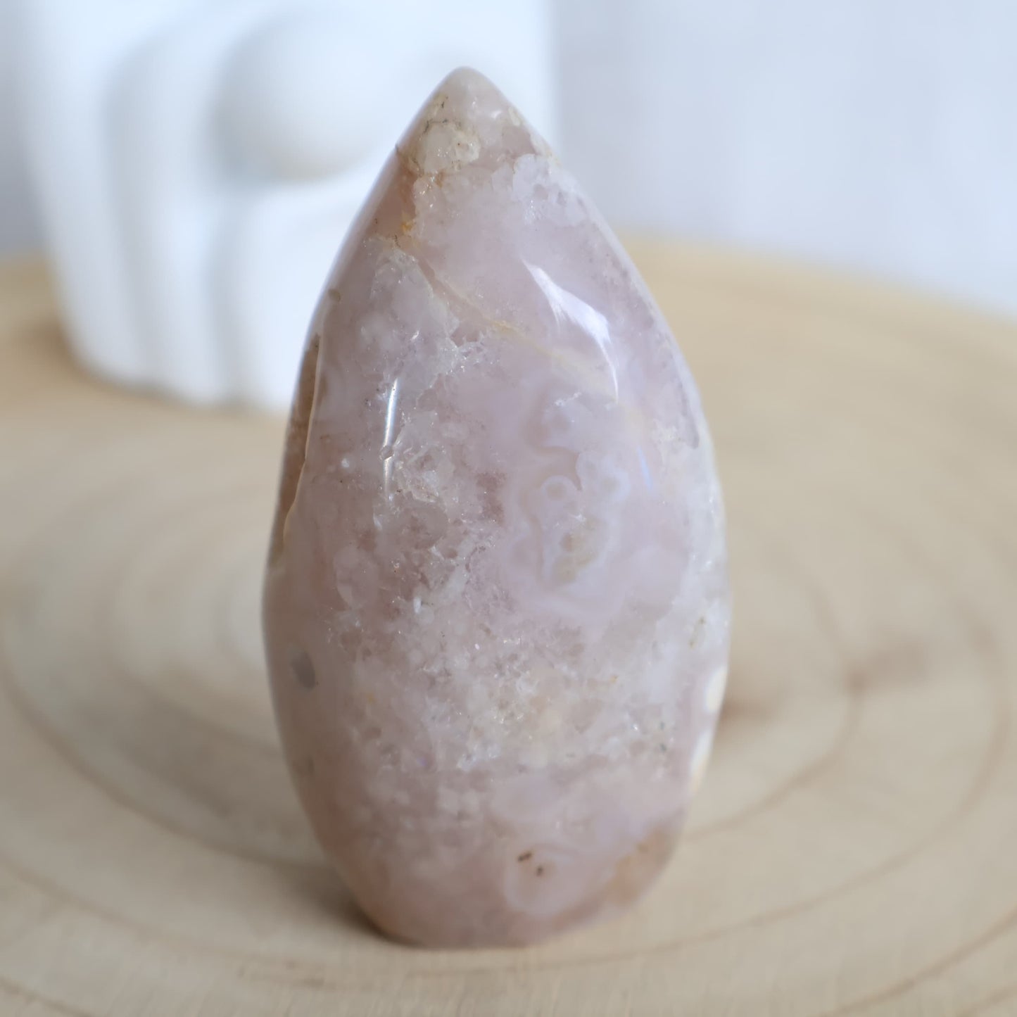 Flower Agate freeform with soft muted tones and natural floral-like plume patterns, polished into a smooth 7.5cm display piece.