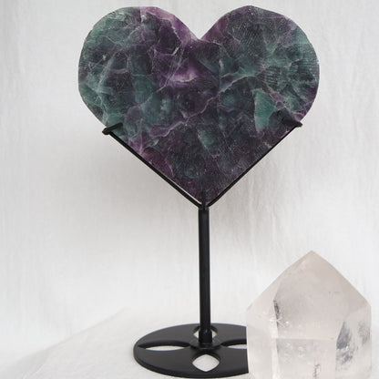 Large teal-green and purple Fluorite heart on black stand with a roughly polished face and contrasting raw lavender crystal reverse, 23cm tall.