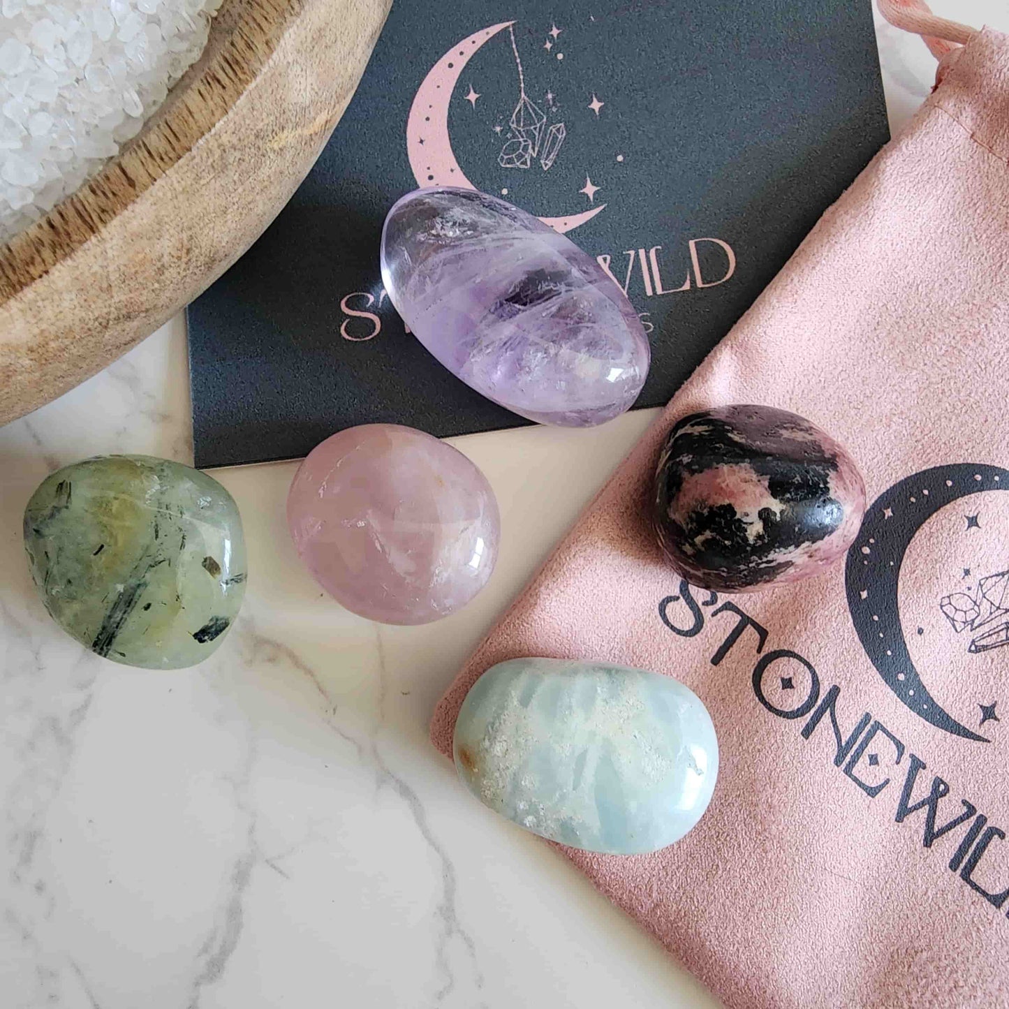 gentle heart tumble crystal set with rose quartz prehnite rhodonite amazonite and amethyst