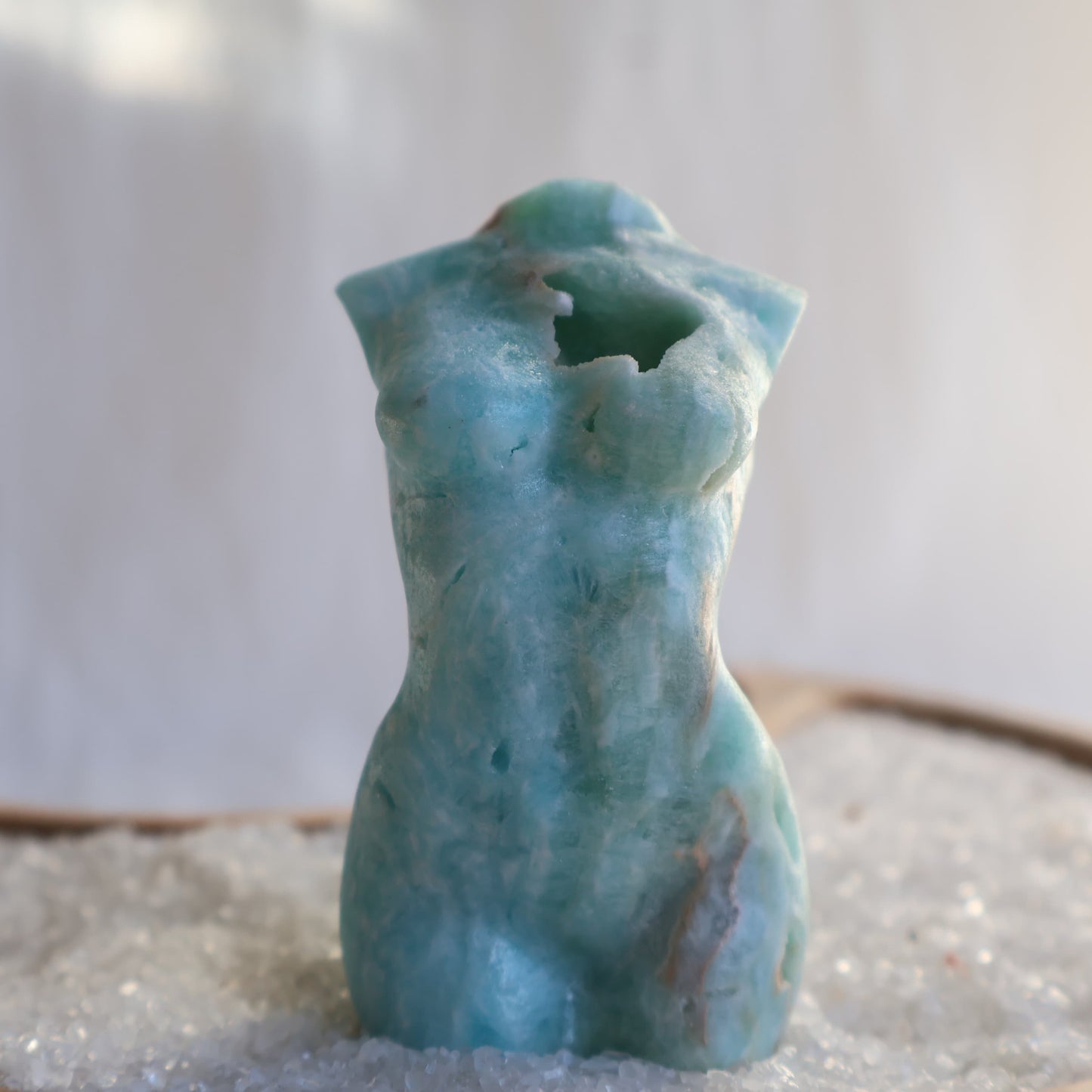 Hemimorphite Goddess carving with soft blue-green colouring, natural druzy cavities, polished feminine silhouette, and organic mineral patterns,