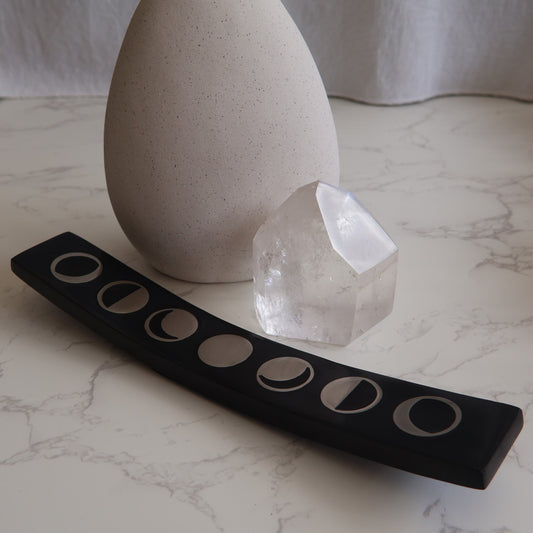 Soapstone incense holder with moon inlay design, long rectangular ash catcher for incense sticks