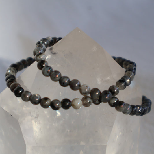 Larvikite 4mm bead stretch bracelet with dark grey beads and natural iridescent blue and silver flashes.