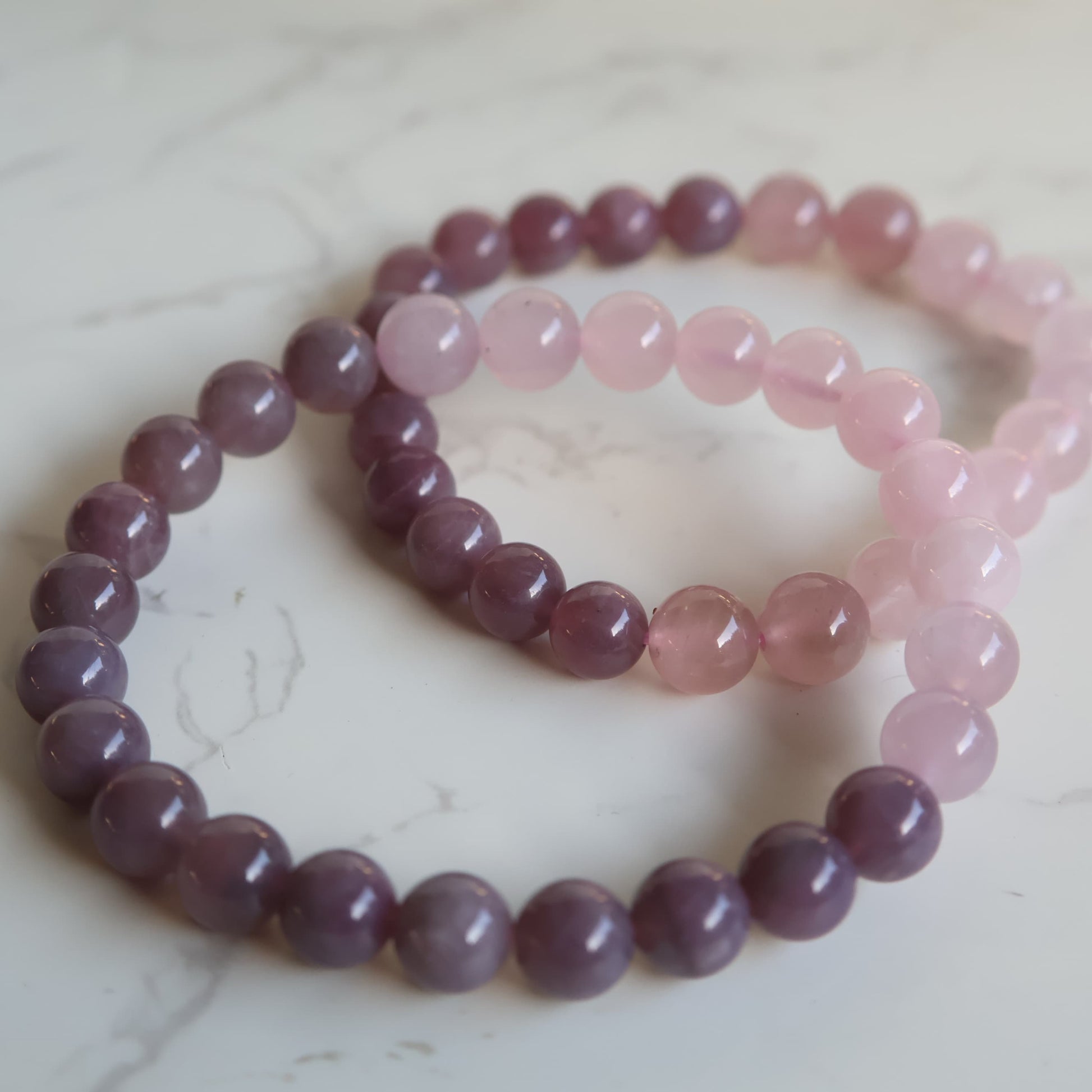lilac rose quartz and madagascar rose quartz 8mm beaded bracelet soft pink and purple tones