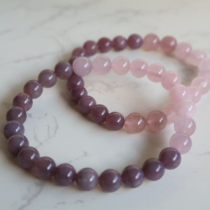 lilac rose quartz and madagascar rose quartz 8mm beaded bracelet soft pink and purple tones