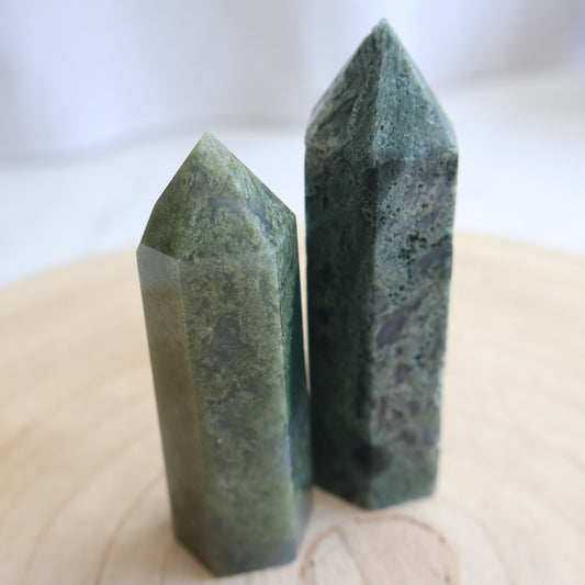 deep green moss agate generator polished point