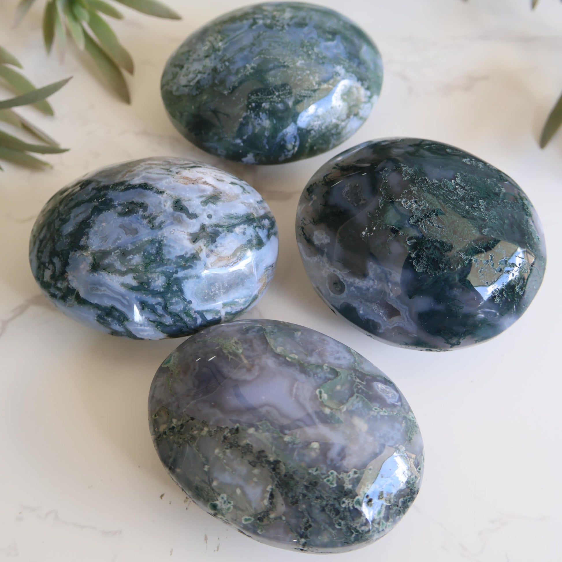 XL moss agate palm stone with natural green landscape inclusions, polished crystal palm stone.