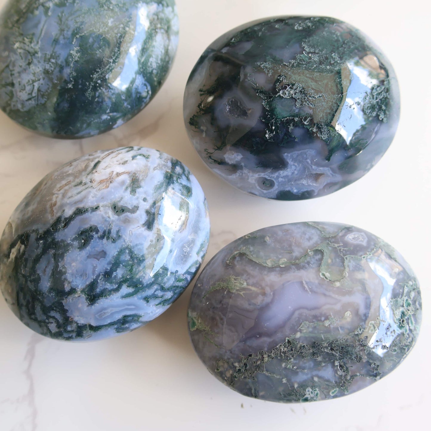 XL moss agate palm stone with natural landscape inclusions, polished crystal palm stone.