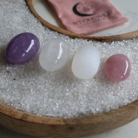 New to crystals tumble set with amethyst, satin spar, clear quartz and rose quartz in a Stonewild drawstring bag