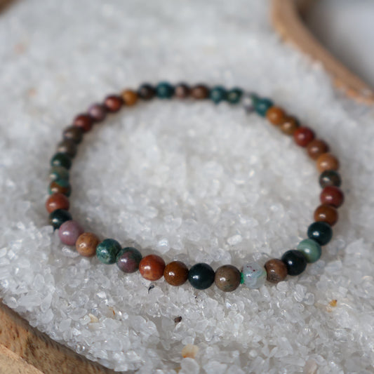 Ocean Jasper 4mm bead stretch bracelet with soft green, pink and cream tones, natural speckles and tiny orb-like patterns.