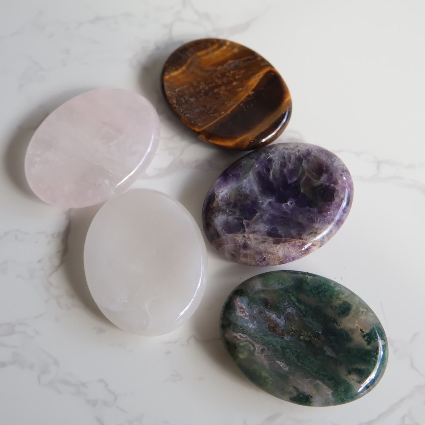 oval crystal worry stone thumb stone milky quartz tigers eye amethyst rose quartz moss agate stonewild australia
