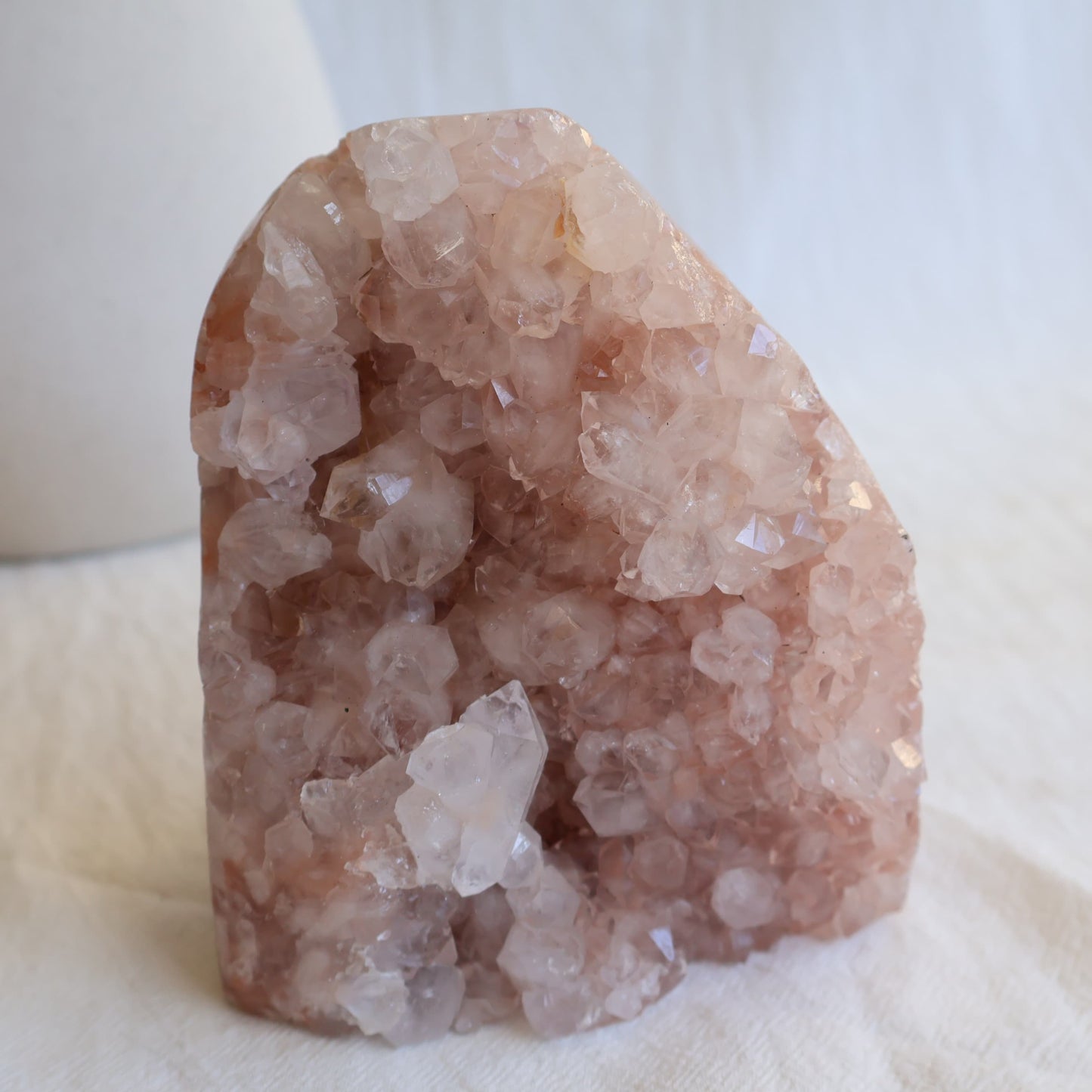 pink amethyst cluster freeform with soft blush tones and sparkling crystal points