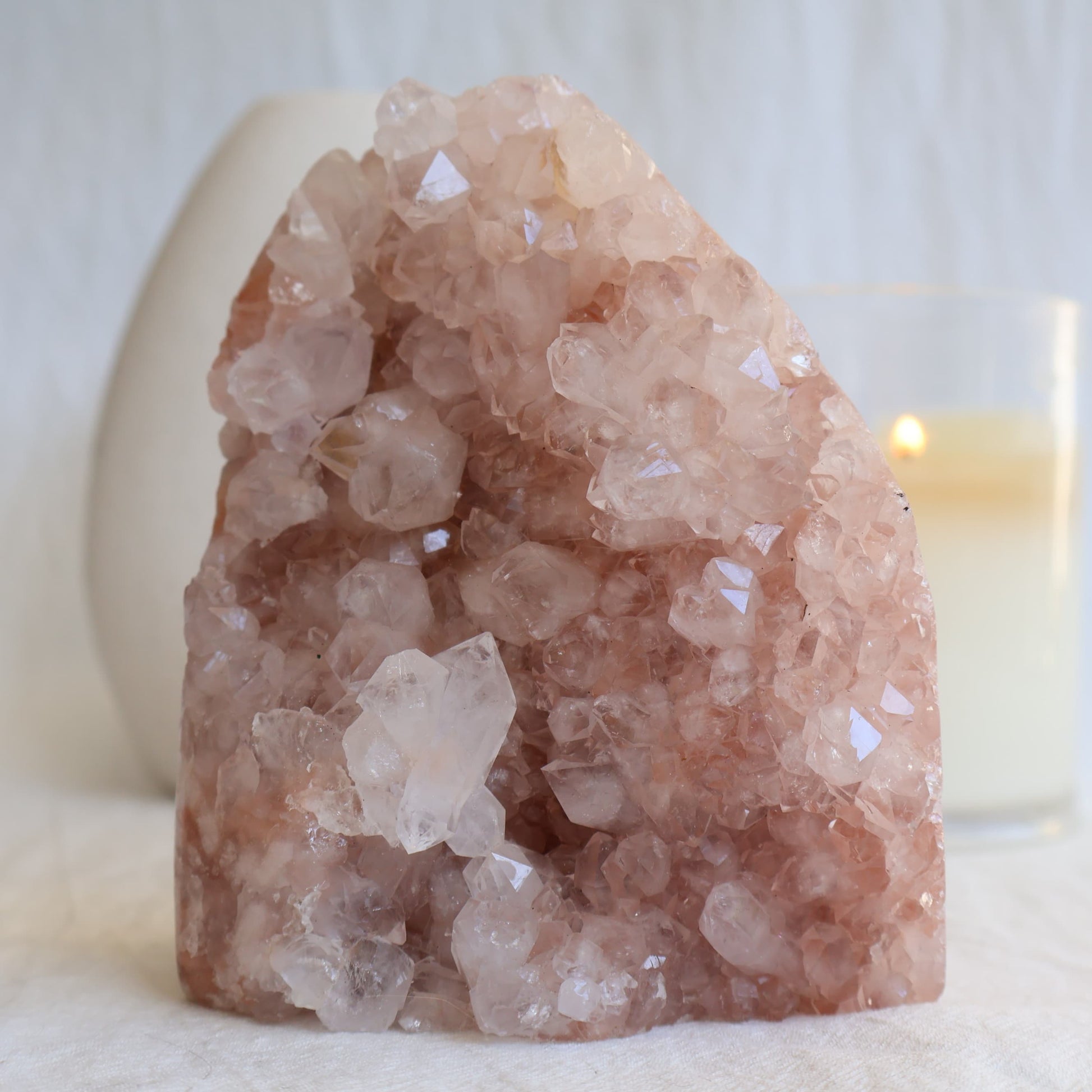 pink amethyst cluster freeform with soft blush tones and sparkling crystal points