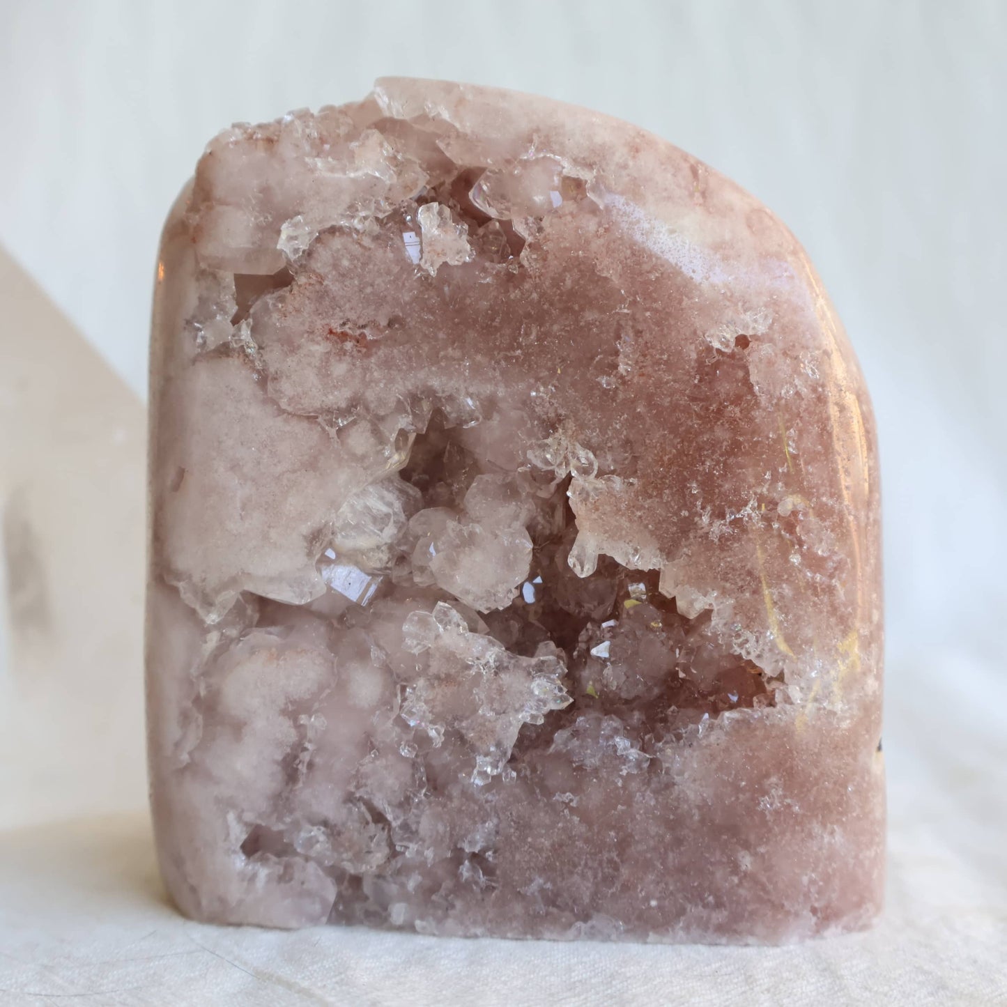 Pink Amethyst crystal freeform with multiple sparkling druzy clusters, polished blush pink quartz and natural crystal cavities.
