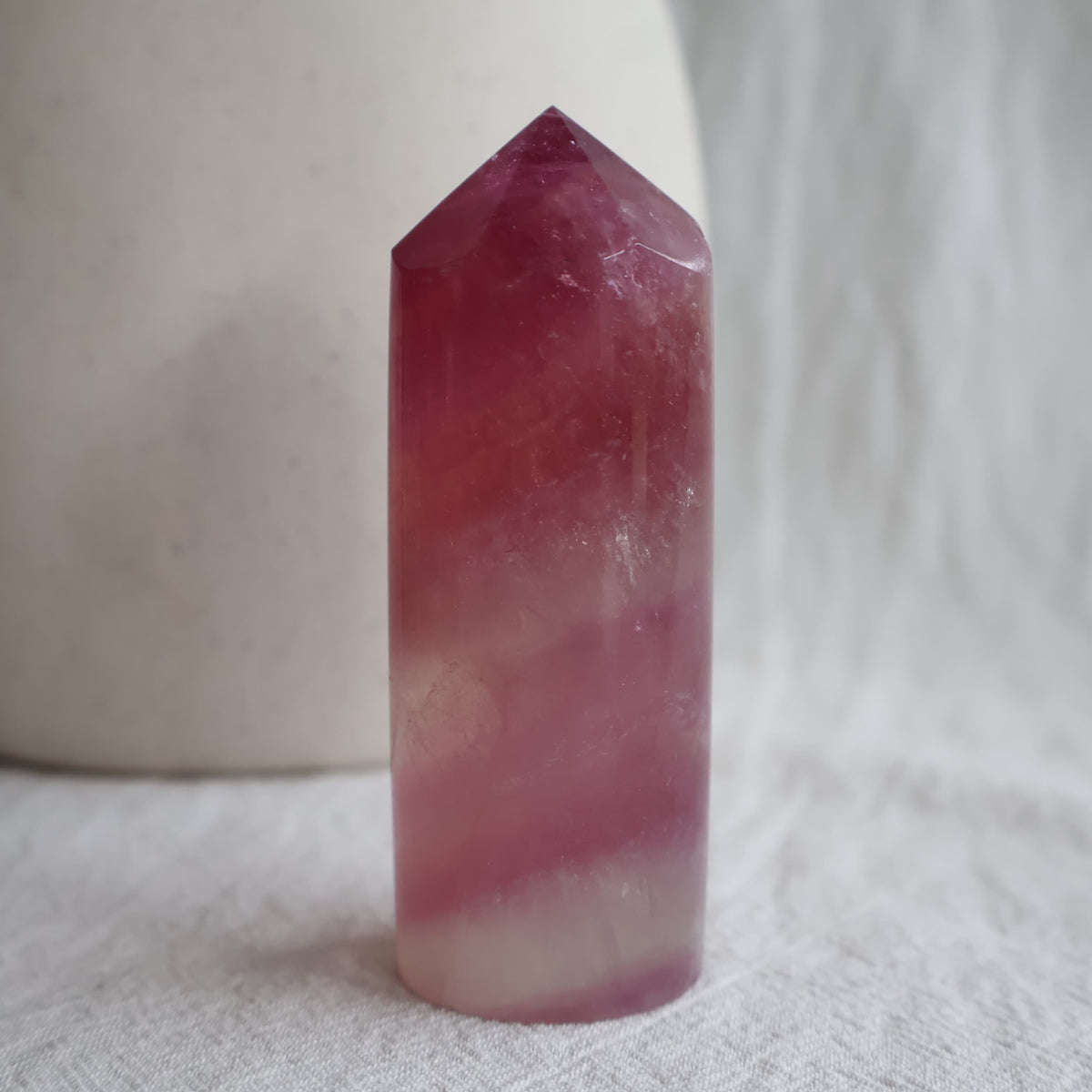 Pink Fluorite polished crystal points in varying shades of pink and purple with natural banding, available to choose by exact piece.